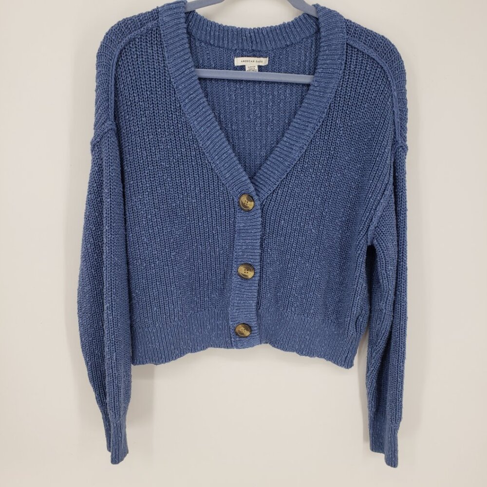 American Eagle Relaxed Fit V Neck Cardigan Sweater S Womens Textured Cotton Blue
